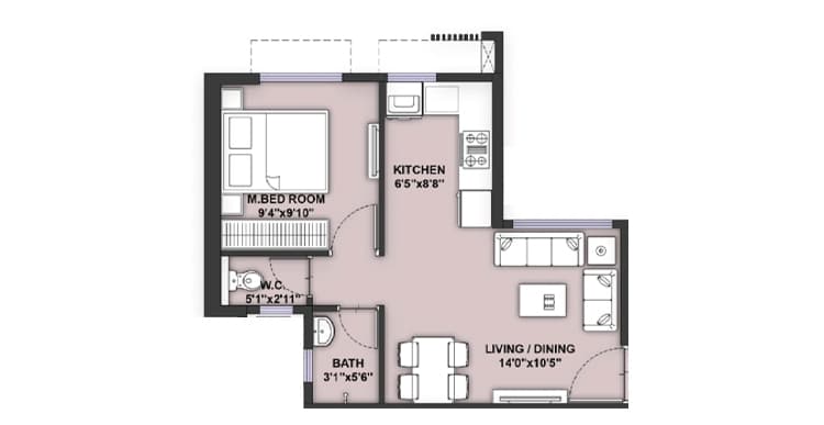 Floor Plan 1 BHK-355 Sq.ft.