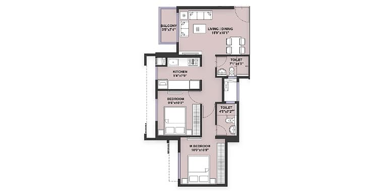 Floor Plan 2 BHK-598 Sq.ft.