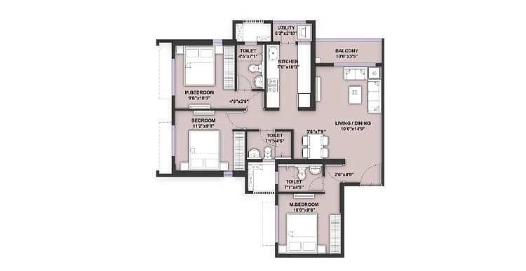 Floor Plan 3 BHK-819 Sq.ft.